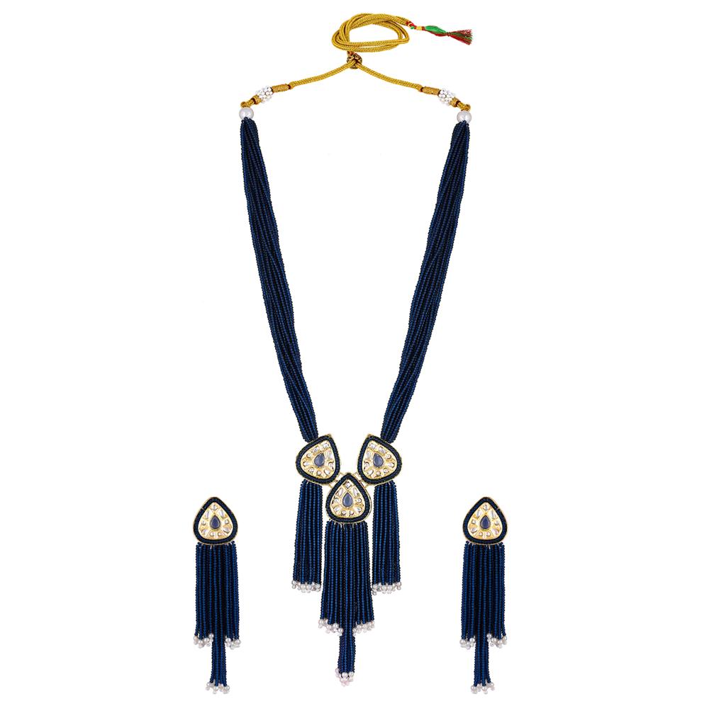 Mahi Blue Artificial Beads Beaded Necklace and Tassel Dangler Earrings Set