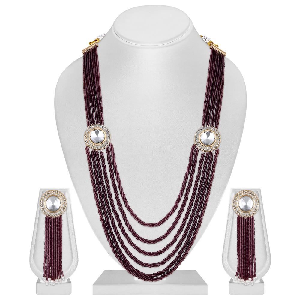 Mahi Maroon and White Crystal Beaded Maharani Layered Necklace Set