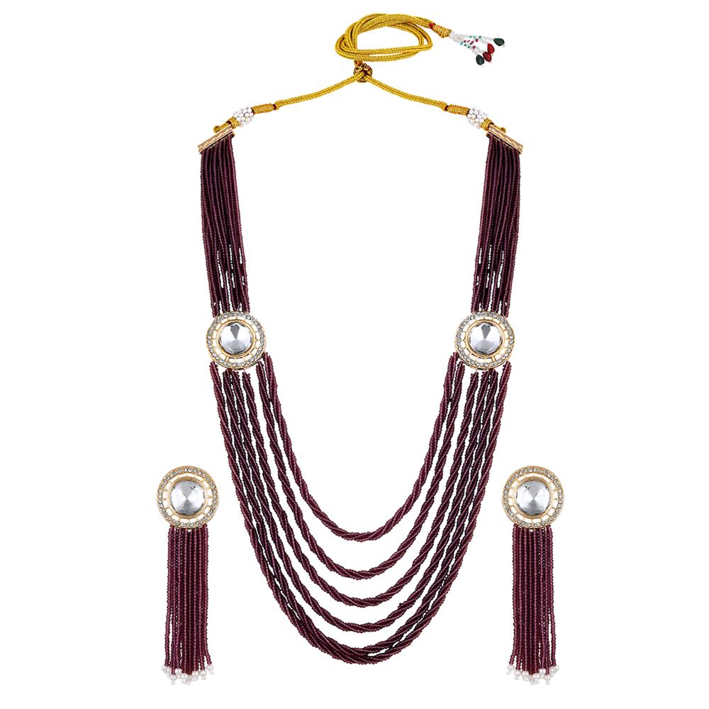 Mahi Maroon and White Crystal Beaded Maharani Layered Necklace Set