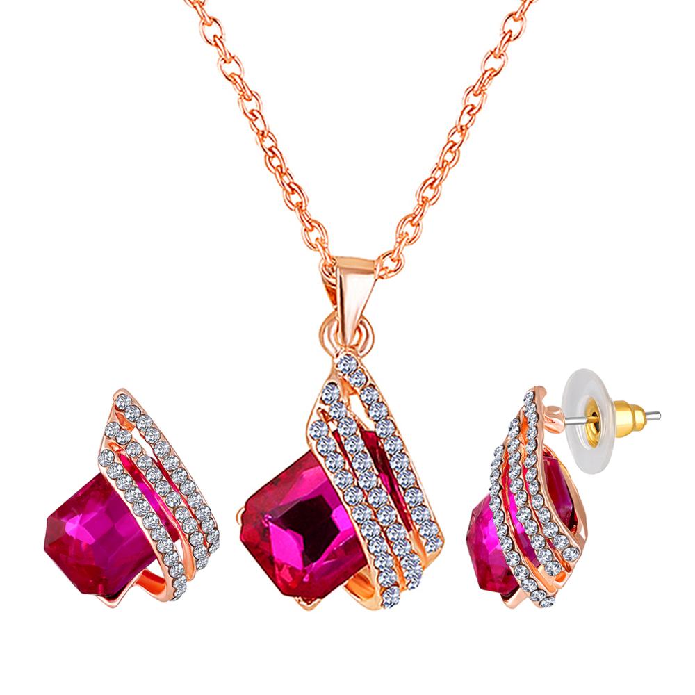 Mahi Shining Angel Wings Shaped Pink and White Crystal Pendant Necklace Set