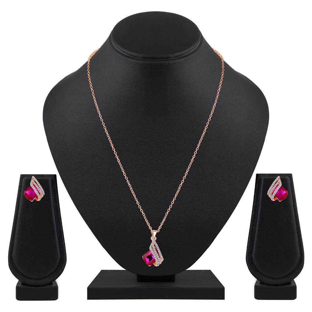 Mahi Shining Angel Wings Shaped Pink and White Crystal Pendant Necklace Set