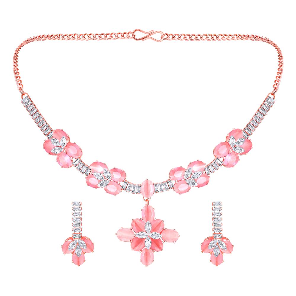 Mahi Rose Pink and White Cubic Zirconia Floral Necklace Set