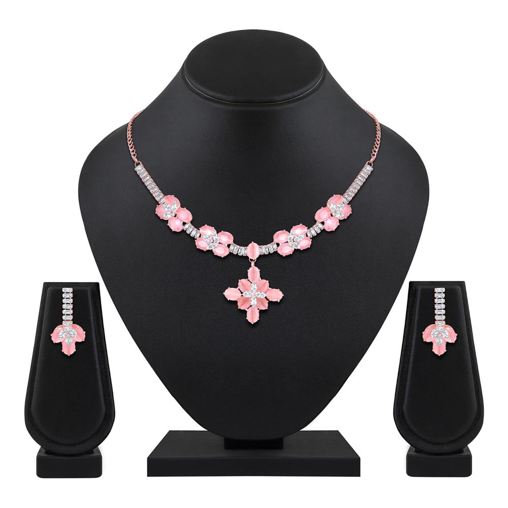 Mahi Rose Pink and White Cubic Zirconia Floral Necklace Set