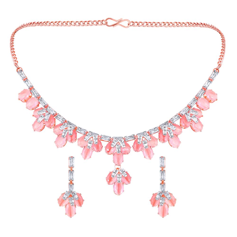 Mahi Rose Pink and White Cubic Zirconia Floral Necklace Set