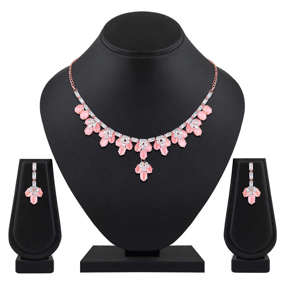 Mahi Rose Pink and White Cubic Zirconia Floral Necklace Set