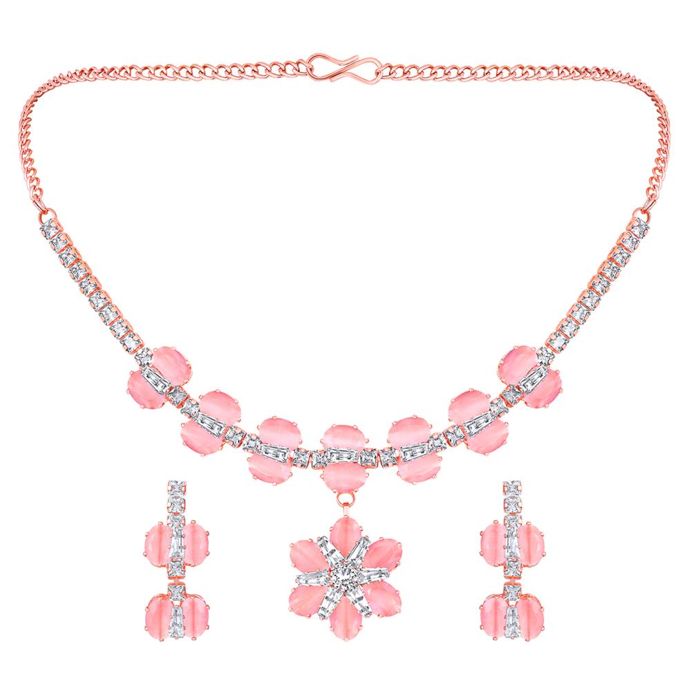 Mahi Rose Pink and White Cubic Zirconia Floral Necklace Set