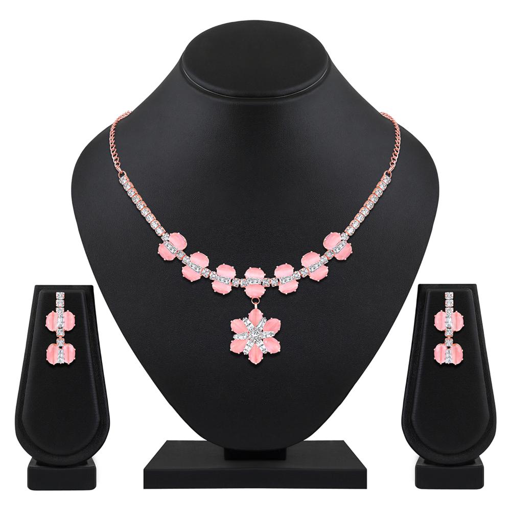 Mahi Rose Pink and White Cubic Zirconia Floral Necklace Set