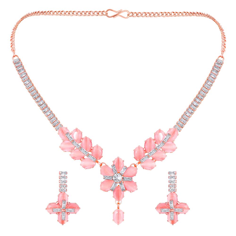 Mahi Rose Pink and White Cubic Zirconia Floral Necklace Set