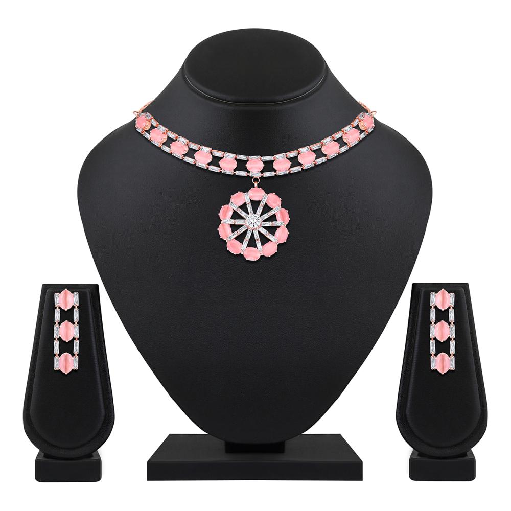 Mahi Rose Pink and White Cubic Zirconia Floral Necklace Set