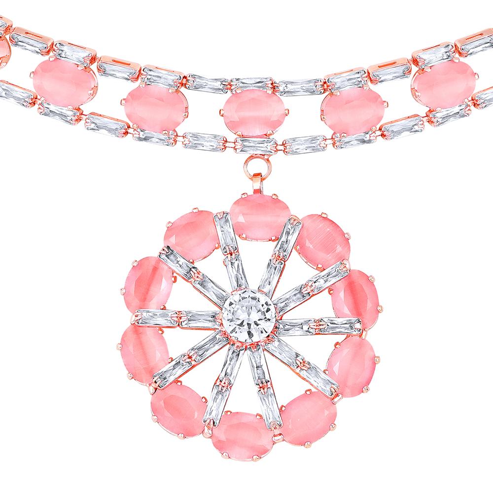 Mahi Rose Pink and White Cubic Zirconia Floral Necklace Set