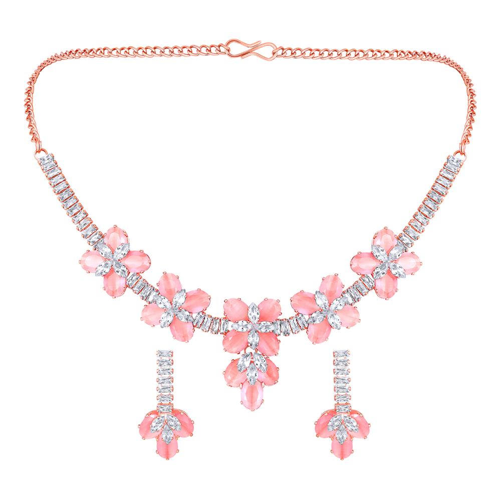 Mahi Rose Pink and White Cubic Zirconia Floral Necklace Set