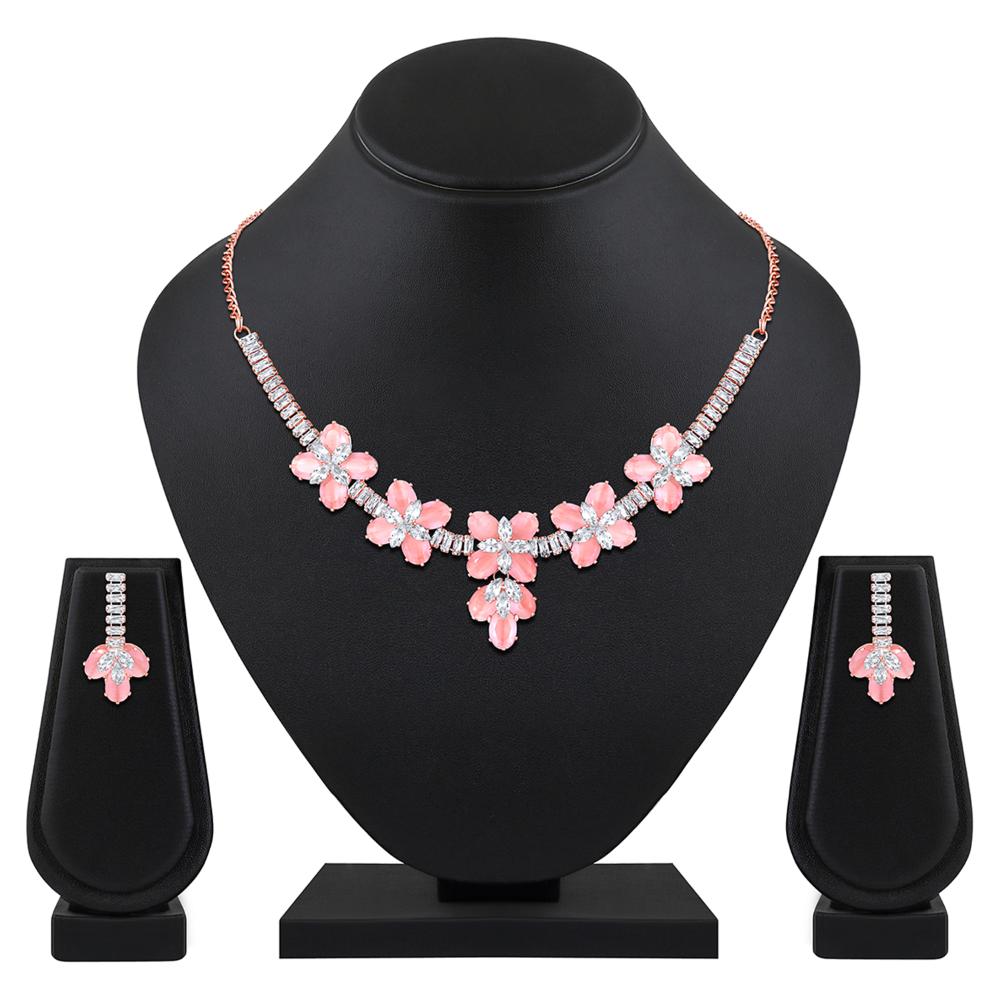 Mahi Rose Pink and White Cubic Zirconia Floral Necklace Set