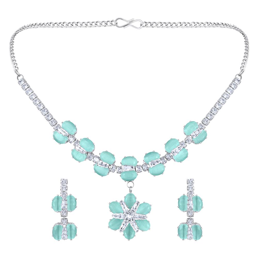 Mahi Light Green Cubic Zirconia Floral Women's Necklace Set