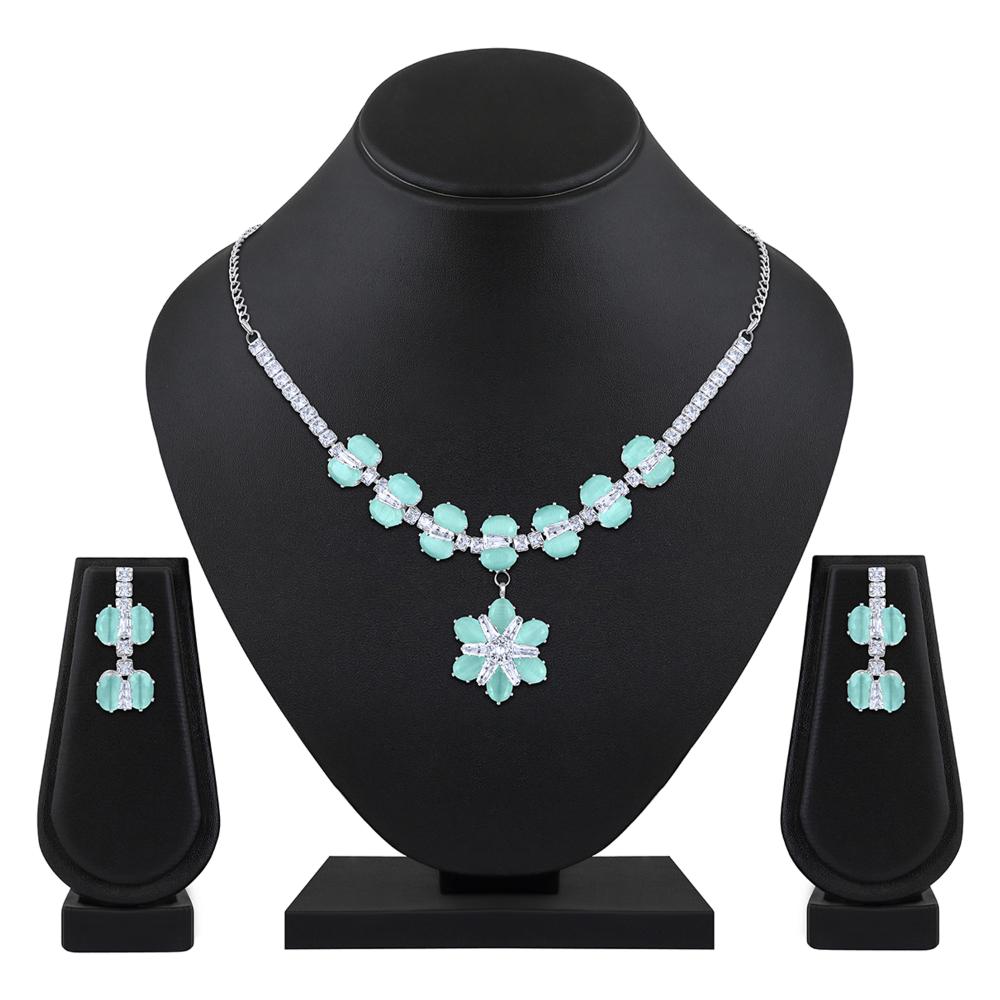 Mahi Light Green Cubic Zirconia Floral Women's Necklace Set