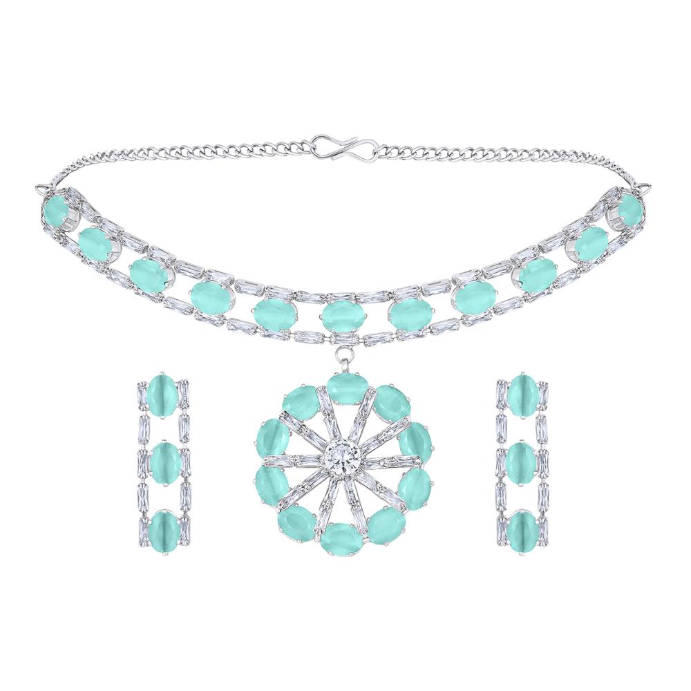 Mahi Light Green Cubic Zirconia Floral Women's Necklace Set