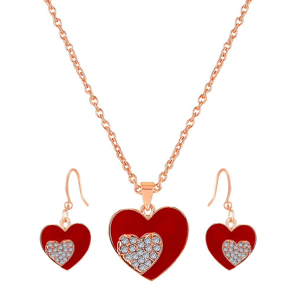 Mahi Red Meenakari Work and Crystals Dual Heart Pendant Set