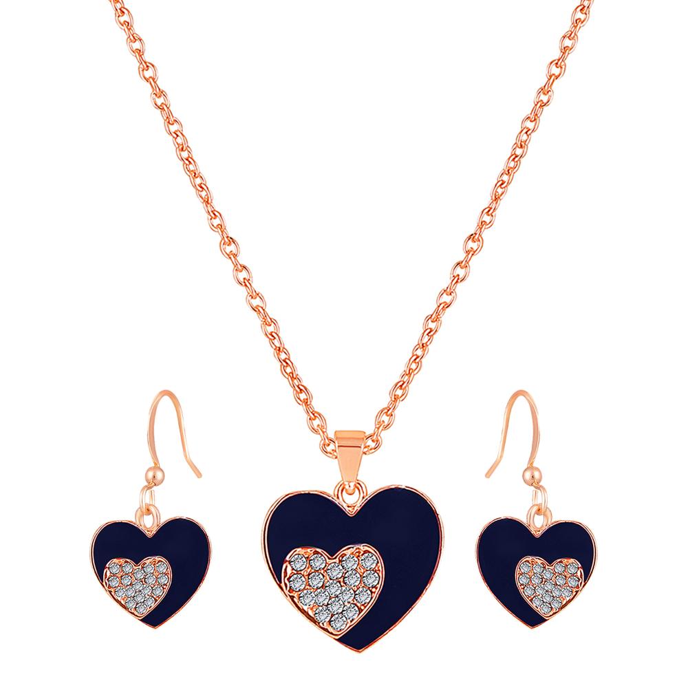 Mahi Navy Blue Meenakari Work and Crystals Dual Heart Pendant Set