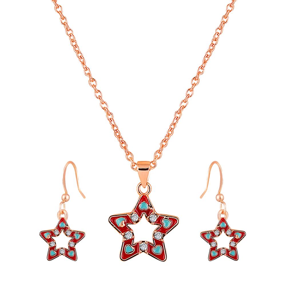 Mahi Rose Red Meenakari Work and Crystals Star Pendant Set