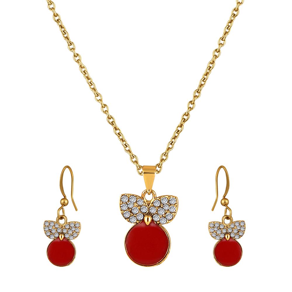 Mahi Red Meenakari Work and Crystals Cute Pendant Set