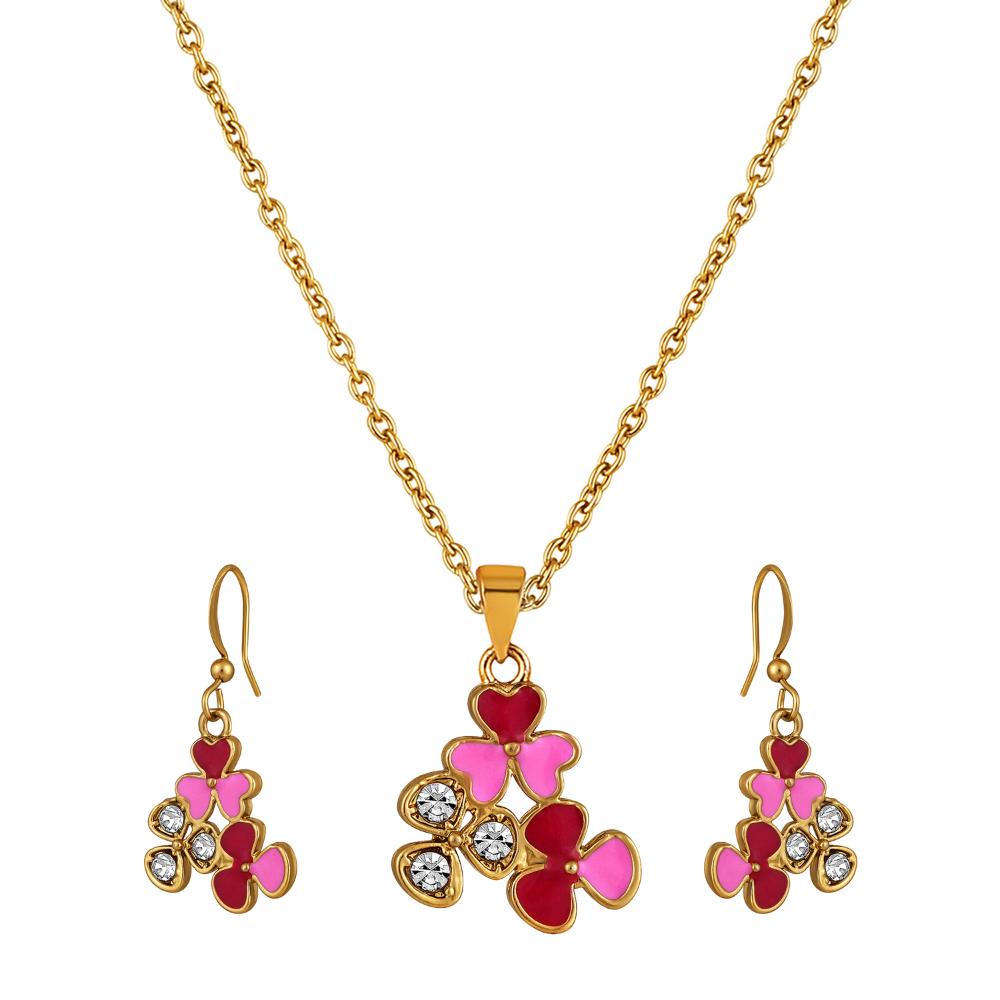 Mahi Red and Pink Meenakari Work and Crystals Floral Pendant Set