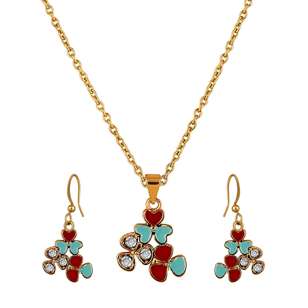 Mahi Red and Blue Meenakari Work and Crystals Floral Pendant Set