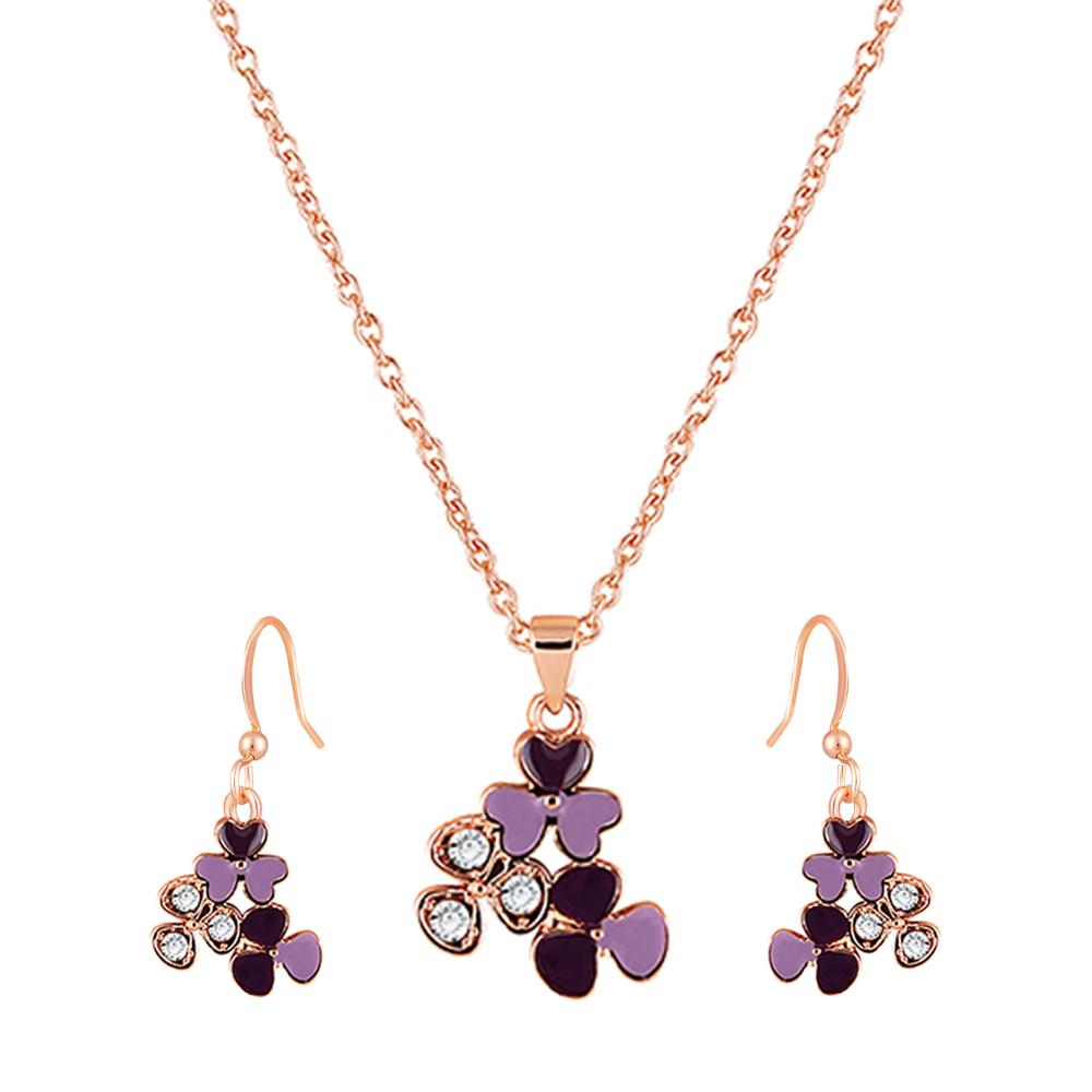 Mahi Rose Purple Meenakari Work and Crystals Floral Pendant Set