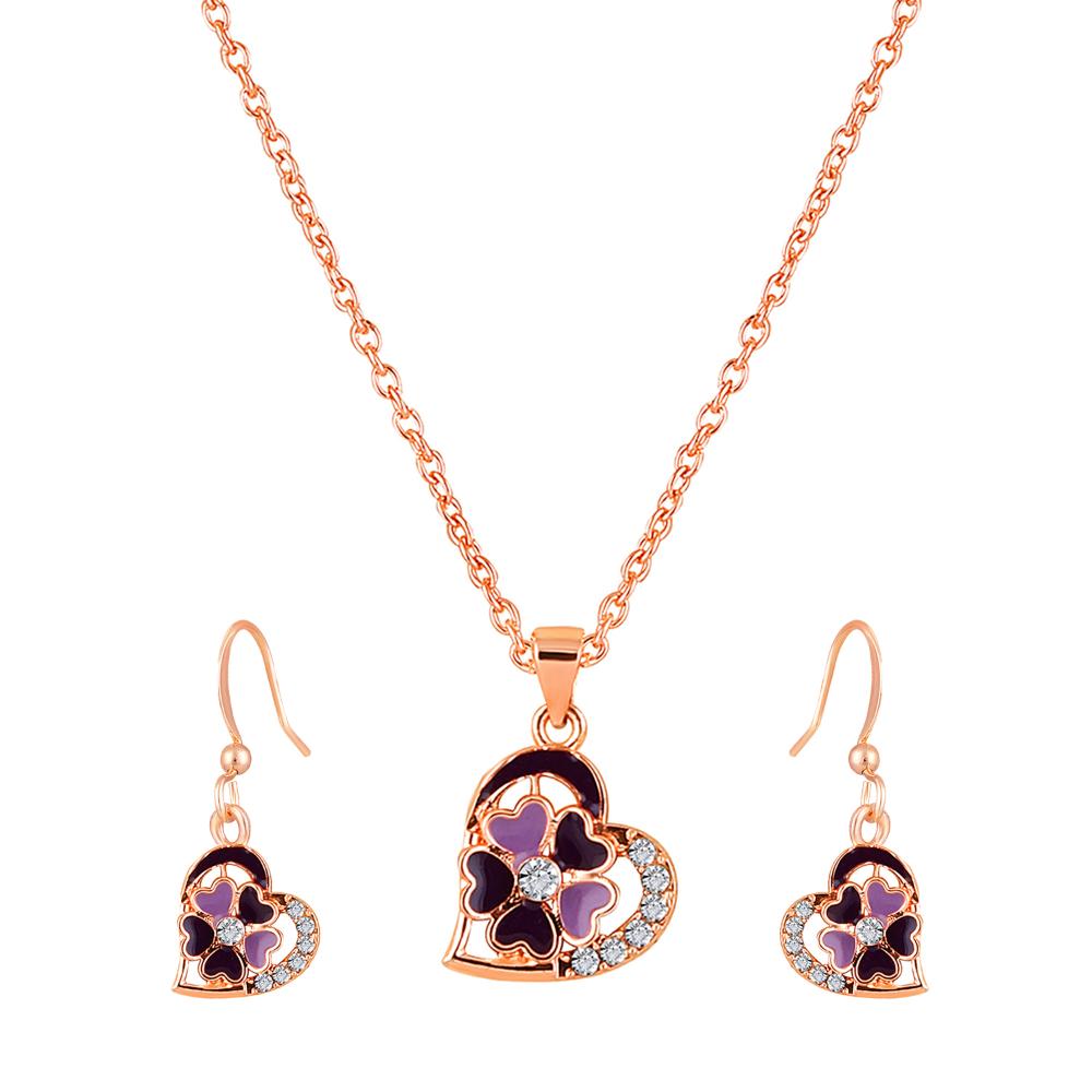 Mahi Purple Meenakari Work and Crystals Floral Heart Pendant Set