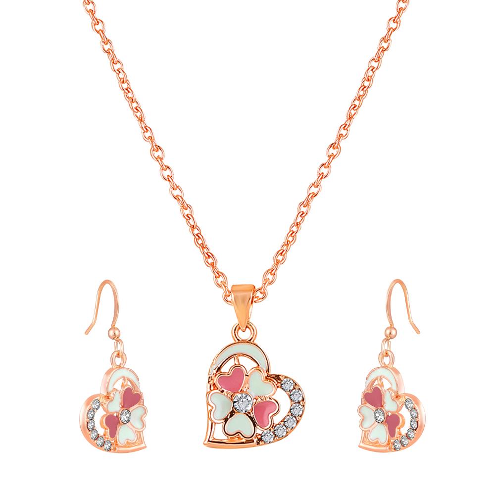 Mahi Pink and Green Meenakari Crystals Floral Heart Pendant Set