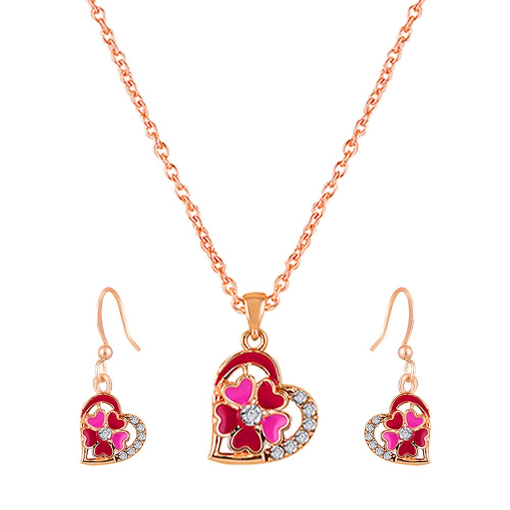 Mahi Red and Pink Meenakari Crystals Floral Heart Pendant Set for Women