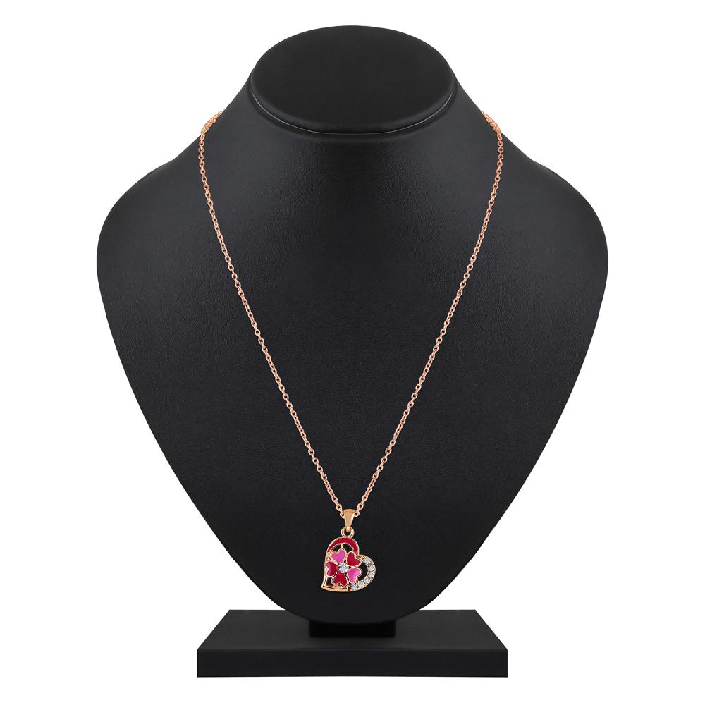 Mahi Red and Pink Meenakari Crystals Floral Heart Pendant Set for Women