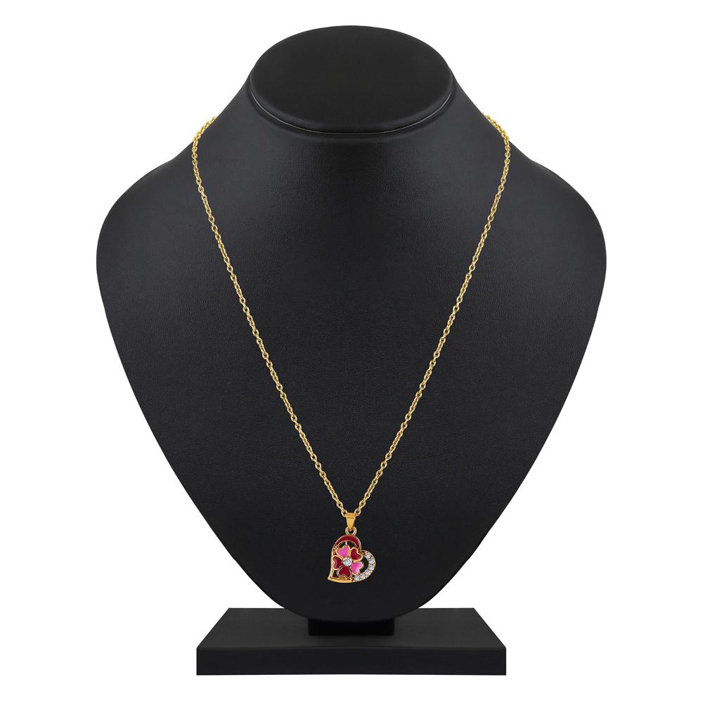 Mahi Pink and Maroon Meenakari Work and Crystals Floral Heart Necklace Pendant