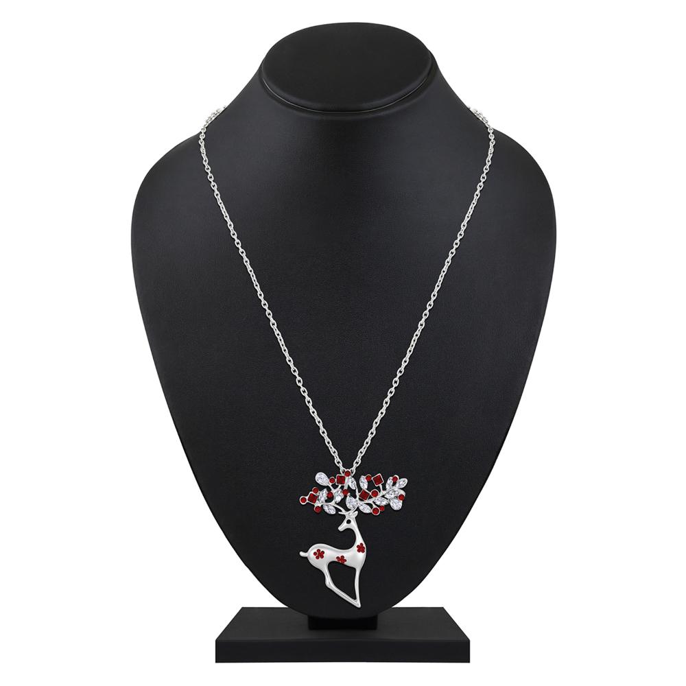 Mahi Red and White Crystals  Pendant Necklace witth Long Chain