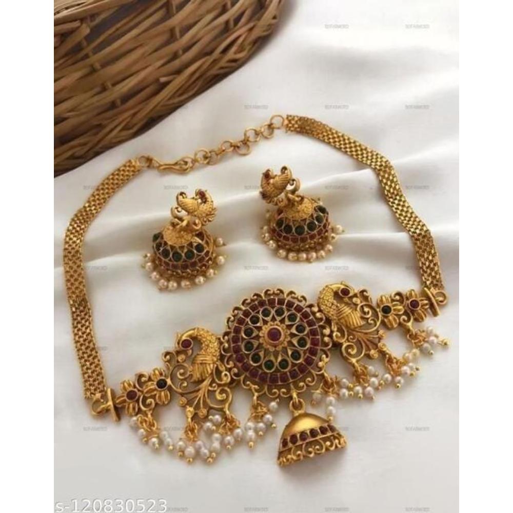 Lucentarts Jewellery Gold Plated Pota Stone Peacock Necklace Set