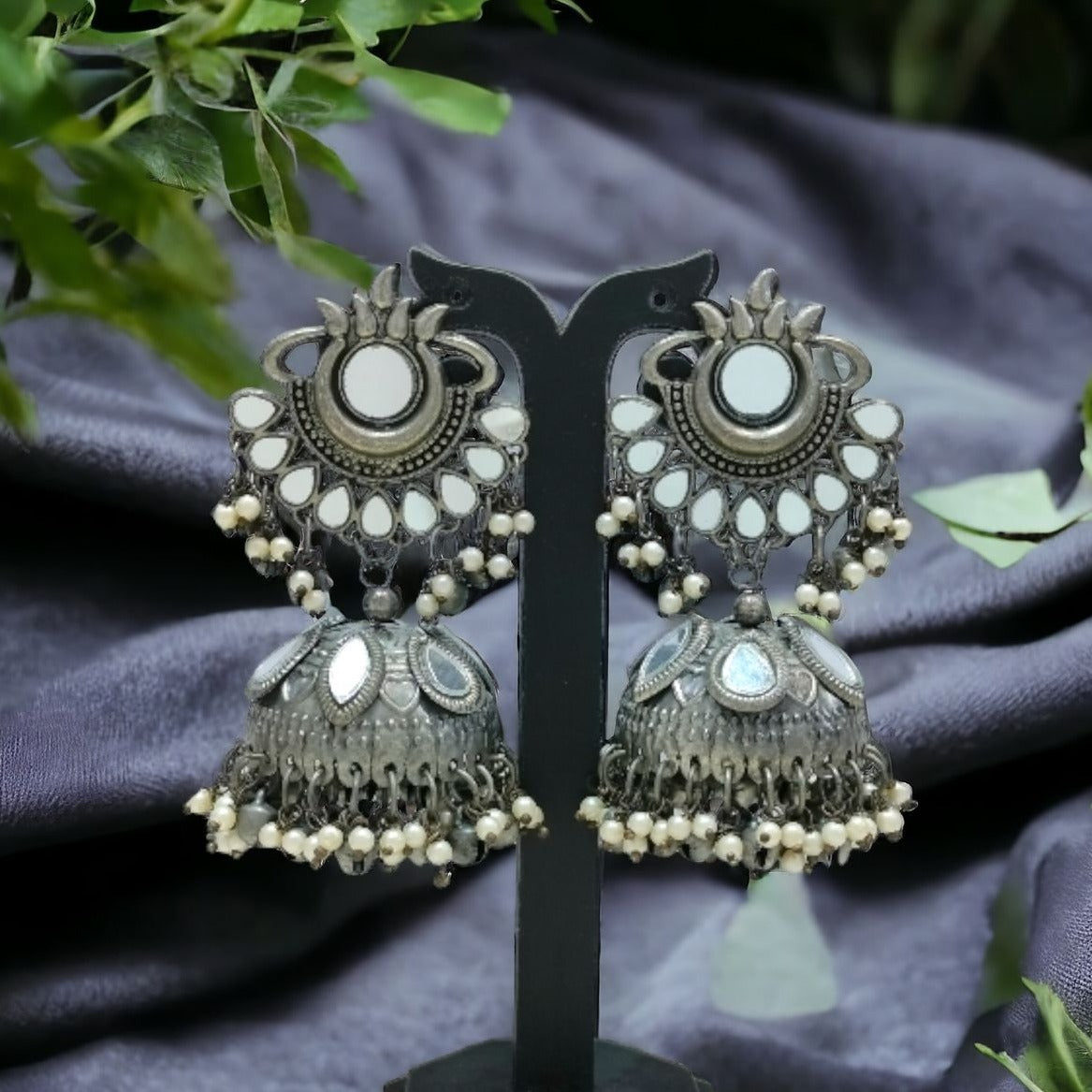 Bhavi Jewels Oxidised Plated Mirror Jhumki Earrings